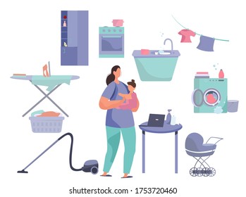 Remote Work or Study at Home and Household Chores. Cooking,Washing,Cleaning.Mother Doing Remote Freelance Job with Laptop.Mother Can't Work Online Productively.Flat Vector illustration