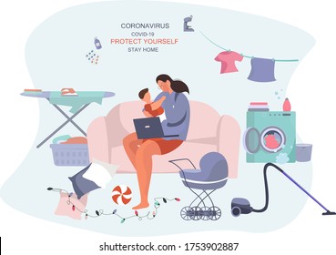 Remote Work or Study at Home and Household Chores. Cooking,Washing,Cleaning.Mother Doing Remote Freelance Job with Laptop.Mother Freelancer Can't Work Productively.Flat Vector Illustration
