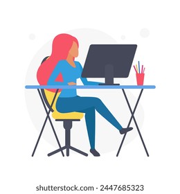 Remote work or study at home, woman sitting at office computer desk vector illustration