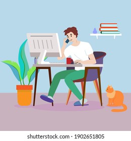 remote work and remote study. work on the Internet. a person is engaged in online sales and purchases. a man sits at a computer at home. home interior and cat. stock vector illustration. 