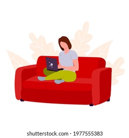 remote work and remote study. work on the Internet. a person is engaged in online sales and purchases. a woman sits on sofa at home. stock vector illustration. 