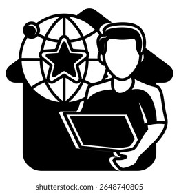 Remote Work Success icon represented by worker, globe, star Black Filled style.