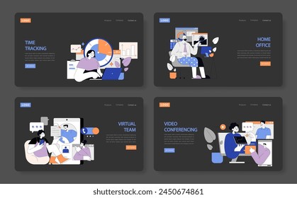 Remote Work suite. Methodical time tracking, dedicated home offices, collaborative virtual teams, and streamlined video conferencing. The modern work-from-anywhere toolkit. Vector illustration.