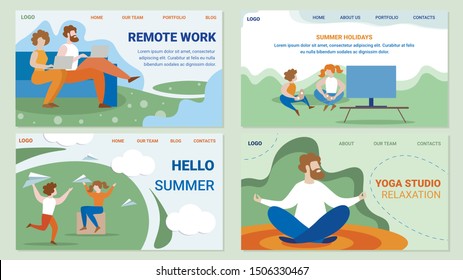 Remote Work, Summer Holidays, Hello Summer, Yoga Studio Flat Vector Web Banners, Landing Pages Set with Couple Working at Home, Kids Playing Video Games, Meditating and Relaxing Man Illustrations