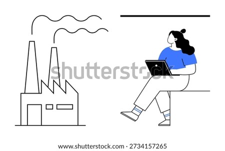 Remote work, sustainability, air pollution, environmental impact, industry trends, modern technology. Woman holding a laptop sitting near factory emitting smoke. Remote work and sustainability