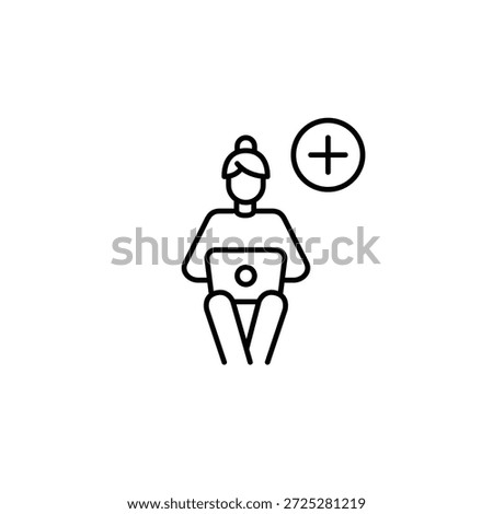 Remote work task created. Woman working at laptop at home and plus. Pixel perfect, editable stroke vector icon
