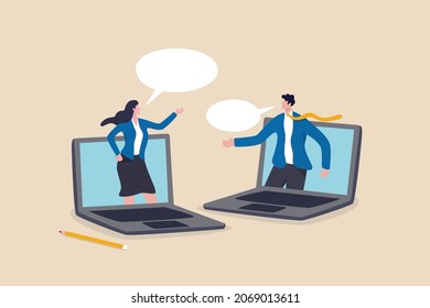 Remote work team meeting, online communication and business discussion, video conference to link between home and office concept, businessman and woman virtually discuss work from laptop computer.
