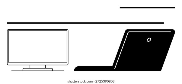 Trabajo remoto, tecnología, productividad, configuración de oficina, espacio de trabajo moderno, comunicación digital. Las líneas limpias muestran un monitor de escritorio y una computadora portátil abierta. Tema de trabajo remoto y tecnología