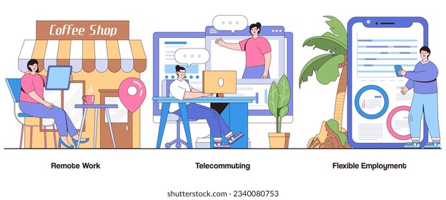 Remote Work, Telecommuting, Flexible Employment Concept with Character. Digital Workspace Abstract Vector Illustration Set. Work-Life Balance, Productivity, Location Independence Metaphor.