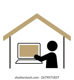 Remote work telework home office icon illustration of person using laptop inside house