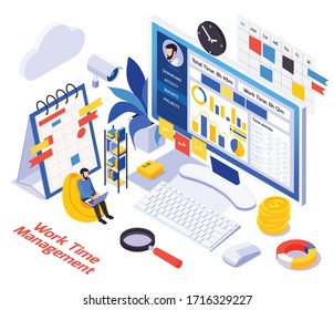 Remote Work Time Management Isometric Composition With Computer Camera Monitoring Employees Out Of Office Progress Vector Illustration 