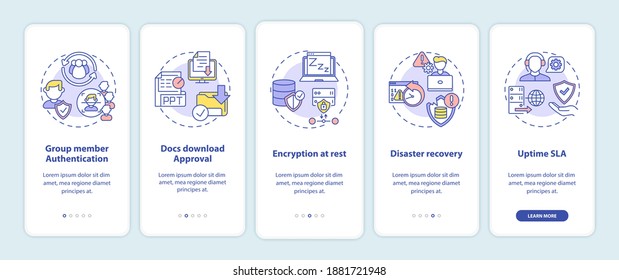 Remote work tool security parameters onboarding mobile app page screen with concepts. Authentication, recovery walkthrough 5 steps graphic instructions. UI vector template with RGB color illustrations