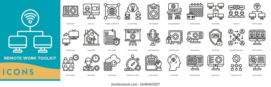 Remote Work Toolkit Icon set. Laptop Setup, Video Call, Internet Connection, Cloud Storage, Task Manager, Digital Workspace, Work Calendar and File Sharing