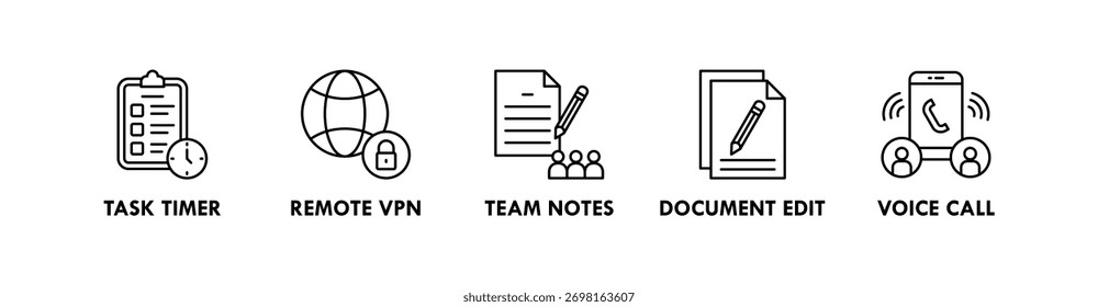 Conceito de ilustração do ícone da Web do banner das Ferramentas de Trabalho Remotas com ícone do temporizador de tarefas, VPN remota, anotações da equipe, edição de documentos e chamada de voz