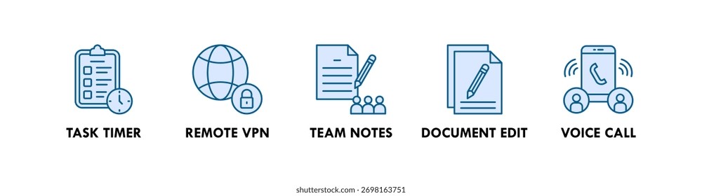 Remote Work Tools banner web icon illustration concept with icon of task timer, remote VPN, team notes, document edit, and voice call