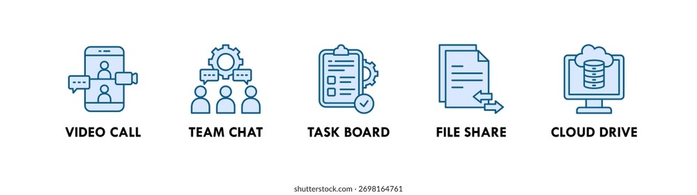 Conceito de ilustração do ícone da Web do banner de Ferramentas de Trabalho Remotas com ícone de chamada de vídeo, bate-papo em equipe, quadro de tarefas, compartilhamento de arquivos e unidade de nuvem