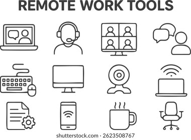Remote work tools outline icon set featuring video call, headset, webcam, keyboard, chair, wifi, mic