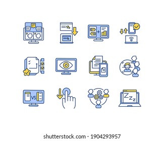 Remote Work Tools RGB Color Icons Set. Online Discussion Board. Screen Share Software. Project Management. Group Member Authentication. Encryption At Rest. Isolated Vector Illustrations