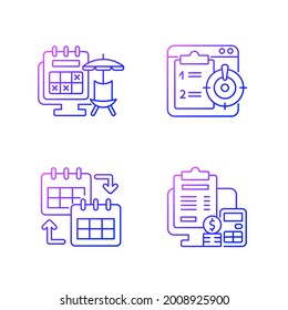 Remote work trackers gradient linear vector icons set. Vacation leave for employee marked on calendar. Thin line contour symbols bundle. Isolated vector outline illustrations collection