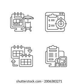 Remote Work Trackers Linear Icons Set. Vacation Leave For Employee Marked On Calendar. Customizable Thin Line Contour Symbols. Isolated Vector Outline Illustrations. Editable Stroke