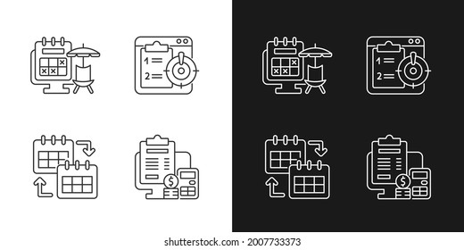 Remote work trackers linear icons set for dark and light mode. Vacation leave for employee marked on calendar. Customizable thin line symbols. Isolated vector outline illustrations. Editable stroke