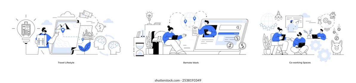 Remote work, travel lifestyle, co-working space. People analyzing financial data, discussing business strategies, collaborating on projects. Financial advice business solutions, teamwork communication