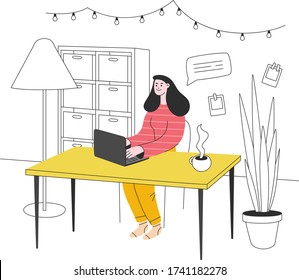 Remote work vector flat
illustration. Cartoon style workspace for freelancer. Happy woman working in convenient workplace with a relaxed atmosphere. Warm color image in 
isometry view.
