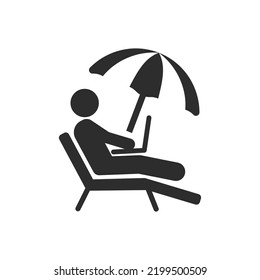 Remote work, vector icon. Person with laptop sitting on deckchair under umbrella. Monochrome black and white symbol