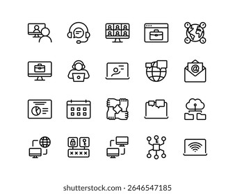 Remote Work Vector Icon Set | Adjustable Line Weight | Telecommuting, webinar, virtual meeting, online collaboration, networking, productivity, video conference, cloud storage, digital workspace icons