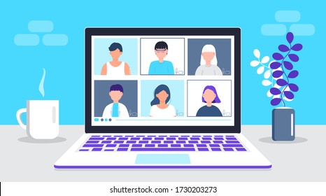 Remote work vector. School class is studying. Video call conference concept. Social distancing during quarantine. University online course illustration. Teleconference and webinar concept. 