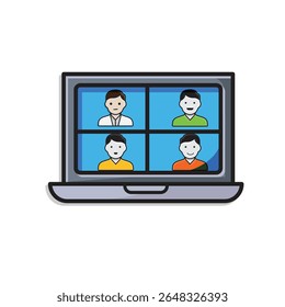 Remote Work. Video conference icon. Monitor screen divided into 4 avatar faces. collaboration, online, remote. isometric design style