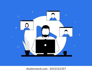 Remote work video conference. Virtual meeting with colleagues on computer screen. Online collaboration and videoconferencing. Flat vector icon illustration isolated on blue background