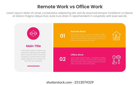 remote work vs office work comparison concept for infographic template banner with big round box and stack list with two point list information vector