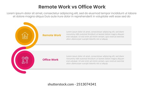 conceito de comparação trabalho remoto vs trabalho do escritório para banner de modelo infográfico com pilha de caixa retangular e onda circular com vetor de informações de lista de dois pontos