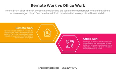 remote work vs office work comparison concept for infographic template banner with big rectangle with arrow edge and hexagon with two point list information vector