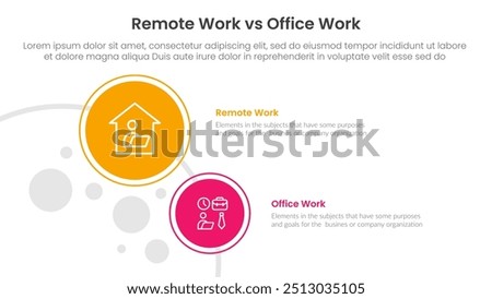 remote work vs office work comparison concept for infographic template banner with big and small circle on left column with two point list information vector