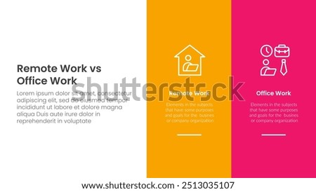 remote work vs office work comparison concept for infographic template banner with big column banner on right layout with two point list information vector