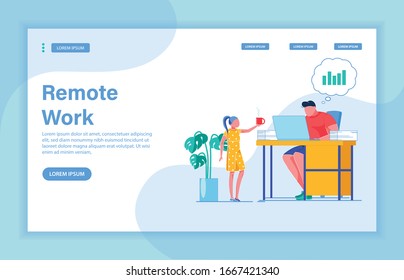 Remote Work as Way to Earn Money. Caring Daughter Bringing Hot Cup to Her Daddy, Making Money Remotely. Young Brunet Working in Home Office. Landing Page with Copy Space for Extra Text.