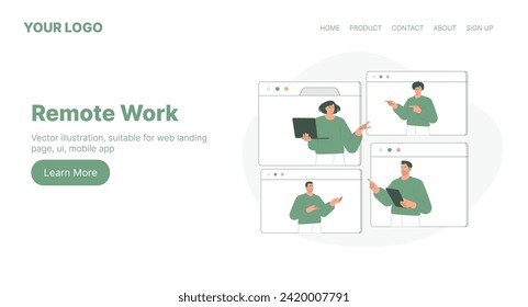 Remote Work. Web Landing Page Design. Flat Cartoon Vector Illustration. Vector illustration, suitable for web landing page, ui, mobile app.