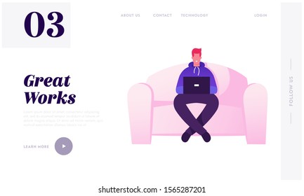 Remote Work Website Landing Page. Man Freelancer Work Distant on Laptop. Character Freelance Employee Working at Home or Creative Office Workplace Area Web Page Banner. Flat Vector Illustration