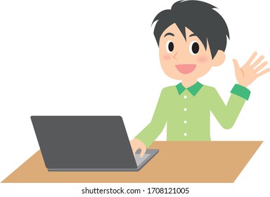 remote work woman and PC illust set