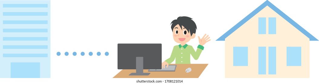 remote work woman and PC illust set