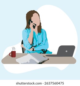 Remote Work Woman Talking on Phone While Working on Laptop. Flat Vector Illustration