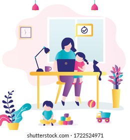 Remote work. Woman at workplace with children. Mom can’t work productively, children interfere with concentration. Multitasking concept. Room interior. Family on quarantine. Flat Vector illustration