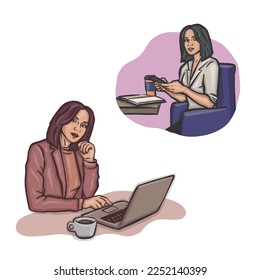 Remote work of women, freelance online,  vector illustration