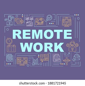 Banner de conceptos de palabras de trabajo remoto. Administración remota de proyectos. Infografía con iconos lineales sobre fondo morado. Tipografía aislada. Ilustración de color RGB del contorno del vector