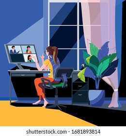 Remote worker is calling. Online conference with staff. Work on the quarantine during coronavirus. Woman discusses work with team. Vector colorful illustration.