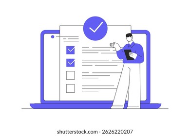 Lista de verificação completa do trabalhador remoto na plataforma digital online. Ilustração plana de vetor de desenhos animados, ícone. Página inicial de design abstrato e elegante