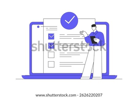 Remote worker complete business checklist on online digital platform. Flat Cartoon Vector Illustration, icon. Stylish abstract design landing page