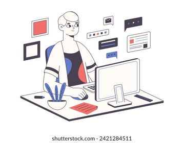 Remote worker. Distant creative freelance designer or IT engineer with computer, office person work from home flat vector illustration. Freelance worker on white